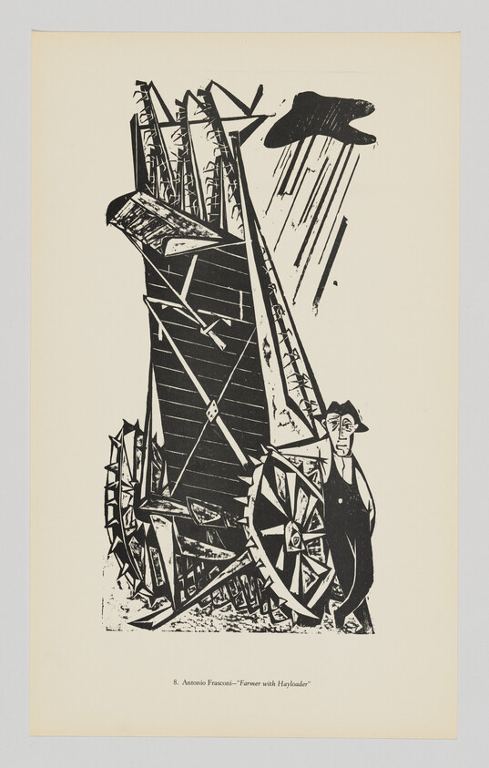 A farmer stands beside a large wooden hayloader cart while rain falls from a dark cloud.