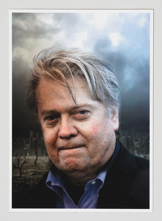 An older man with gray hair looks forward against a dark, stormy cityscape background.