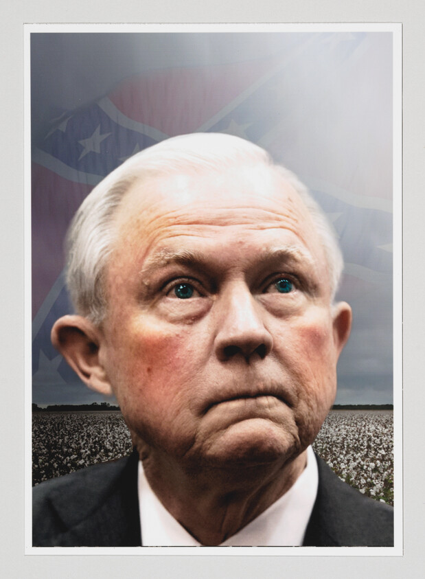 Close-up portrait of an elderly man with a serious expression, looking upwards. The background features an American flag motif and a field of cotton, suggesting themes related to American history and politics.