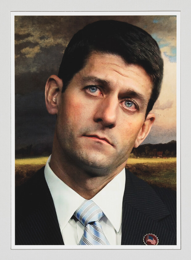A serious man in a suit and striped tie looks upward against a cloudy rural landscape, wearing a flag pin.