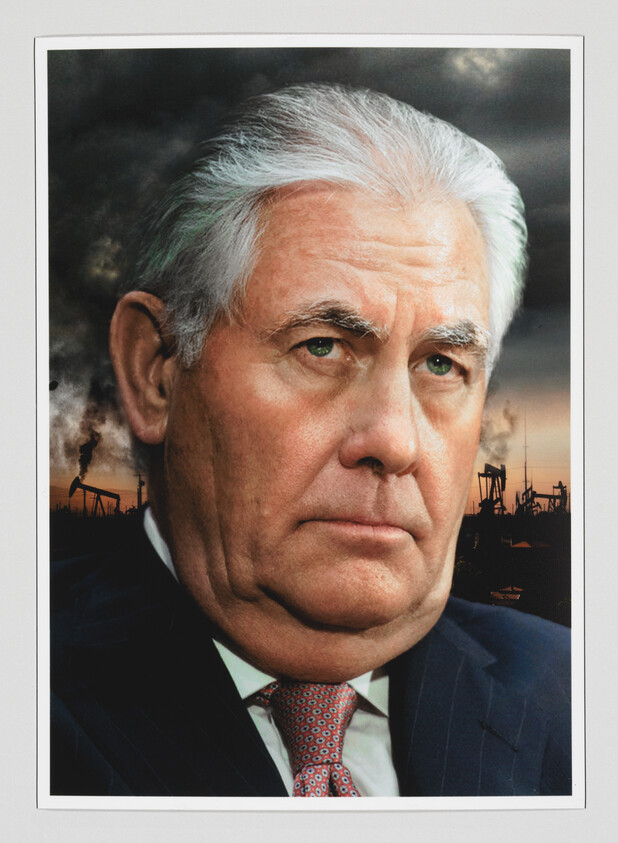 An older man in a suit looks serious with oil rigs and smoke rising in the background.
