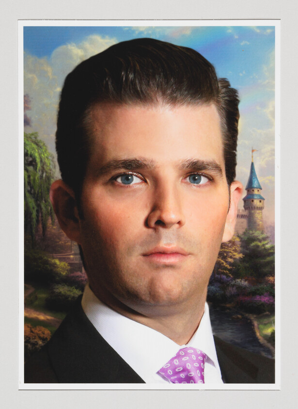 A man in a suit and purple tie stares forward against a fairytale castle and garden backdrop.