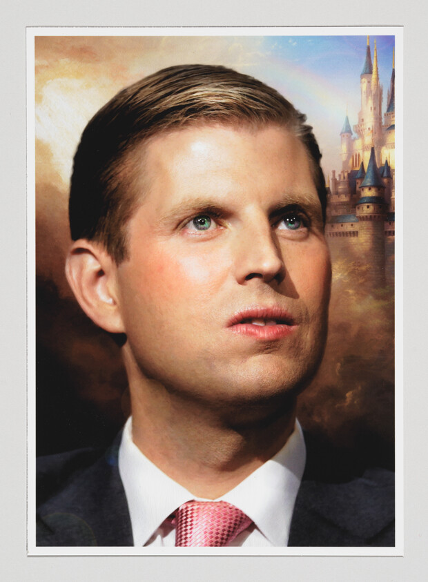 A man in a suit and pink tie looks upward with a fairytale castle visible in the background.