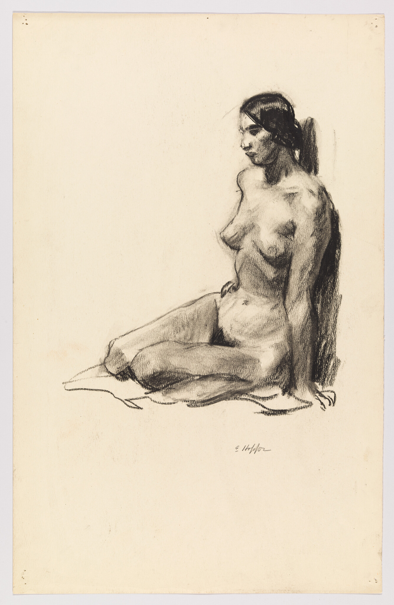 Seated nude woman sketched in charcoal, turned slightly to the right with legs folded.