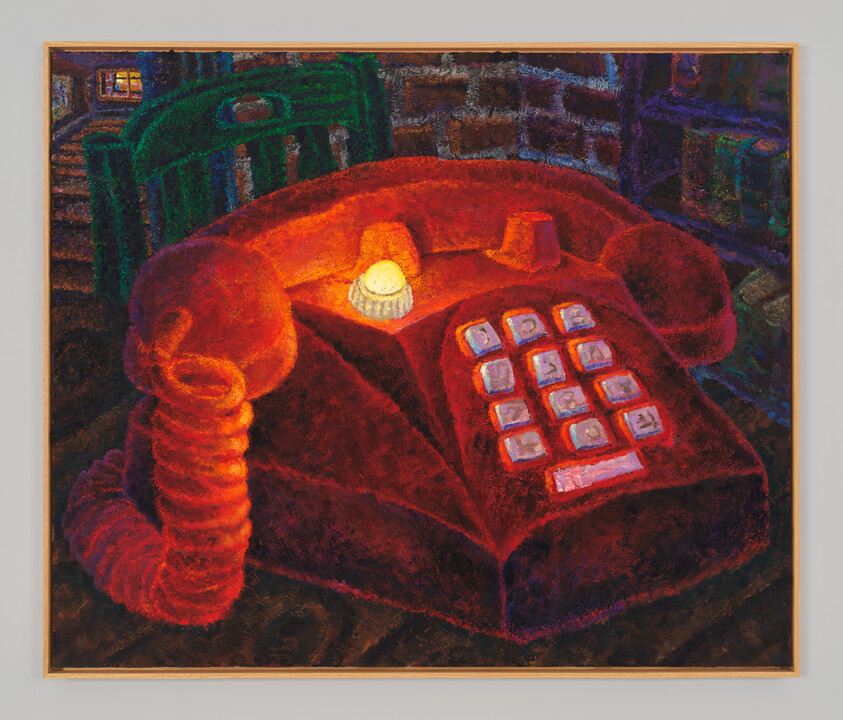 A vibrant painting depicting a stylized red telephone with a glowing yellow light on the receiver, set against a dark background with hints of a window and furniture. The brushstrokes give a textured, almost glowing effect to the image.