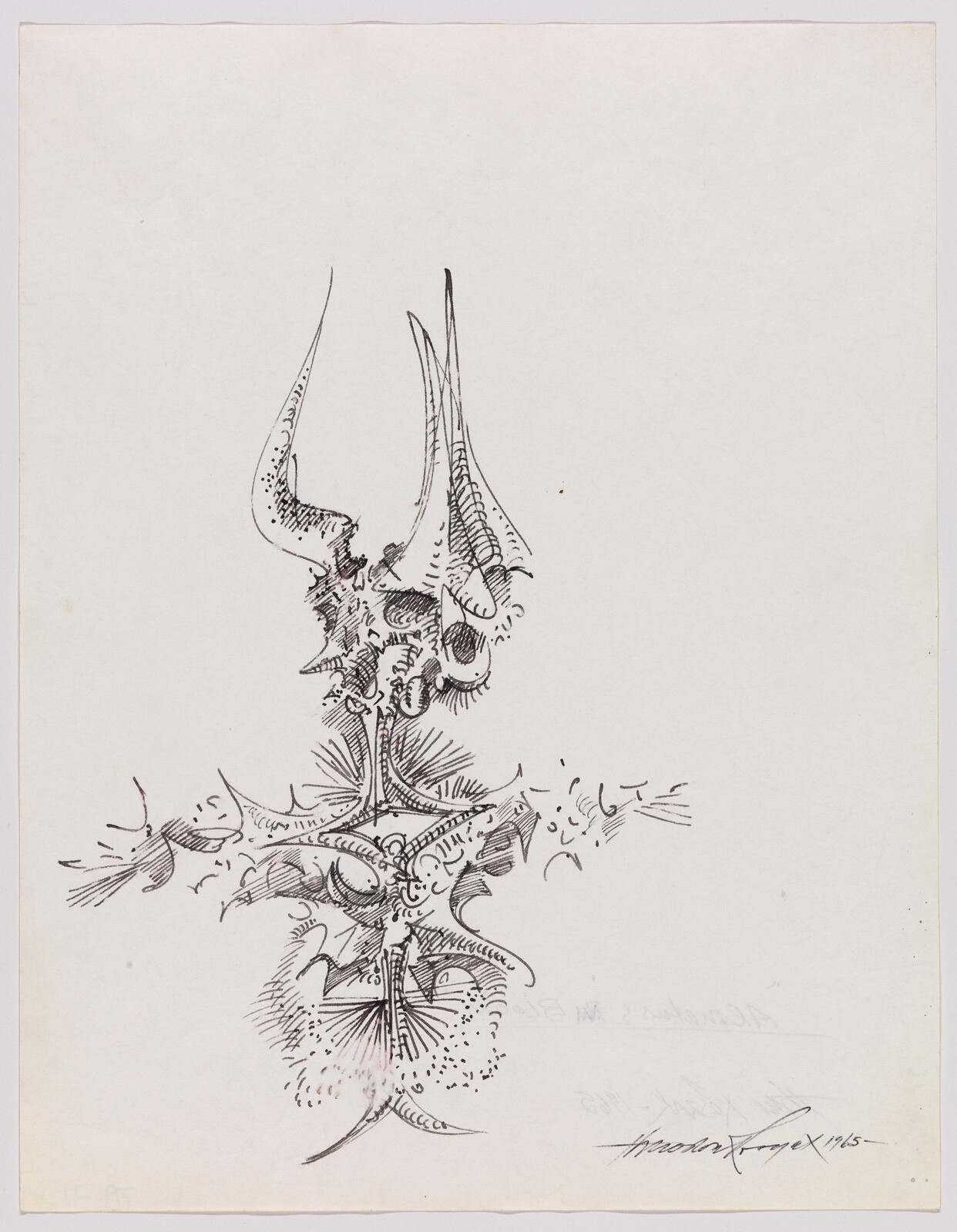 An abstract ink drawing shows a vertical, spiky organic form with horn-like projections.