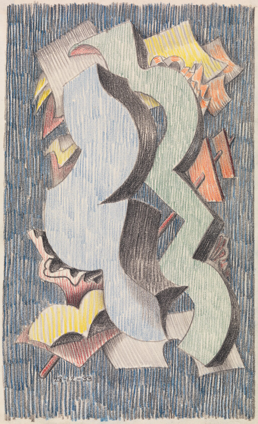 Overlapping pale blue and green abstract shapes float against a densely hatched vertical blue background.