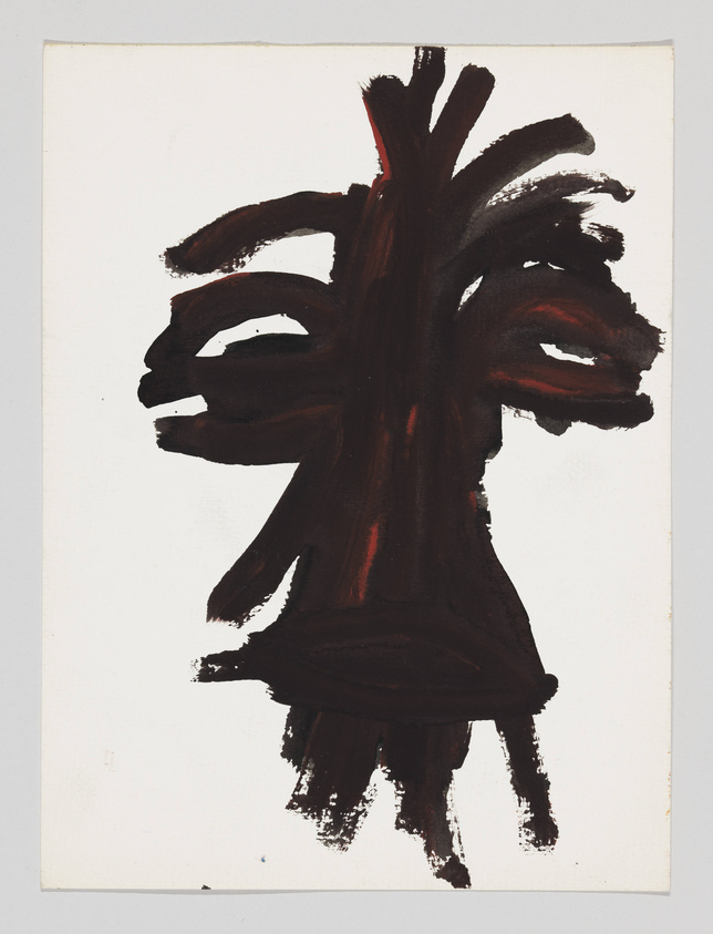 Abstract brushstroke painting on a white background, featuring dark red and black colors that suggest a vague, face-like form with prominent features resembling eyes and a mouth.