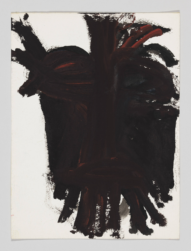 Abstract expressionist painting with thick, dark brushstrokes predominantly in black and brown, with hints of red, on a white canvas. The strokes are centered and spread outward, resembling a distorted, mask-like face or figure.