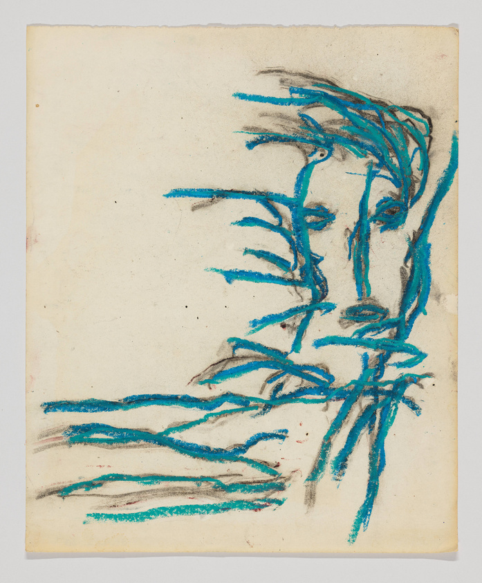 A sketch on aged paper featuring abstract blue and black lines that suggest the form of a human face and hand. The lines are expressive and loosely drawn, with the paper's texture visible through the artwork.