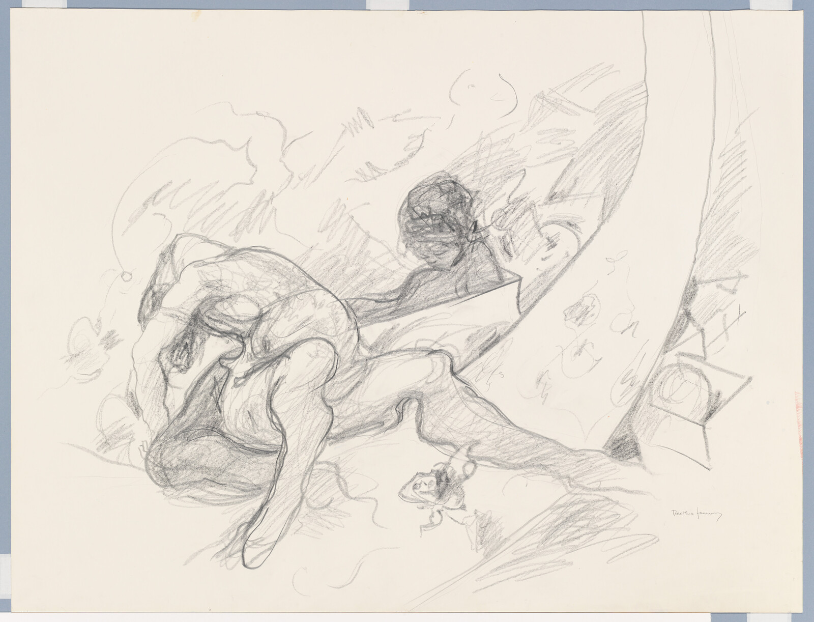 A loose pencil sketch shows a crouching nude figure with a seated person reading nearby.