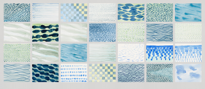 Grid of 35 small watercolor tiles showing varied blue and green wave, ripple, and checker patterns.