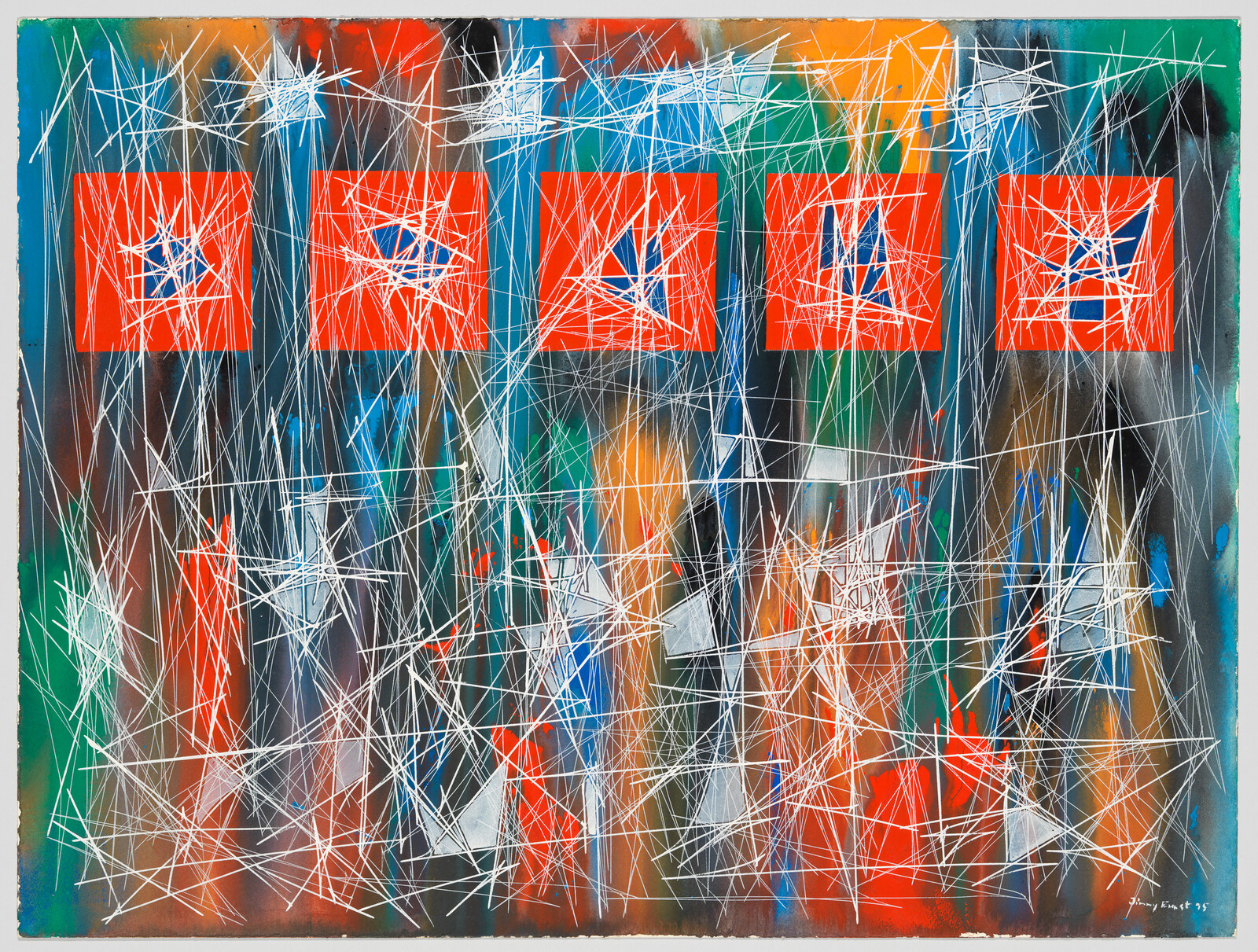 Abstract painting with five red squares across the top and white scratch-like stars over colorful background.