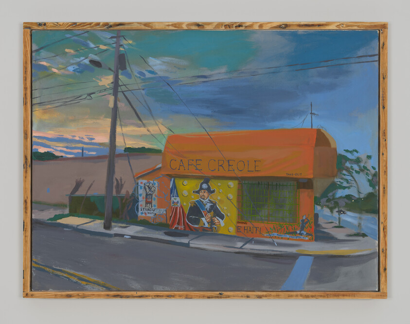 A vibrant painting depicting the exterior of Cafe Creole at twilight with a colorful sky in the background. The cafe is adorned with bright orange walls and features images of people and cultural symbols. Power lines crisscross above, and the scene is framed by a wooden picture frame.