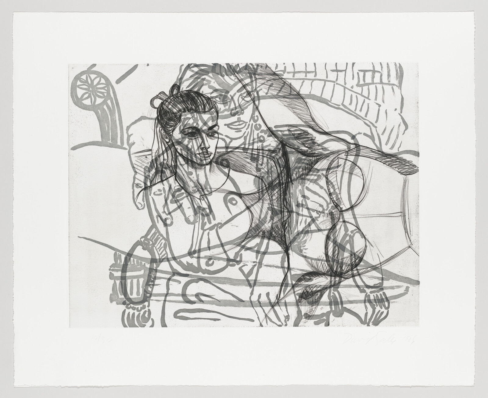 A seated woman with layered sketch lines appears contemplative on a couch with overlapping reclining figure.