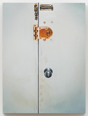 A meticulously rendered zoomed in detail of a door including its knob, bolt, and top lock