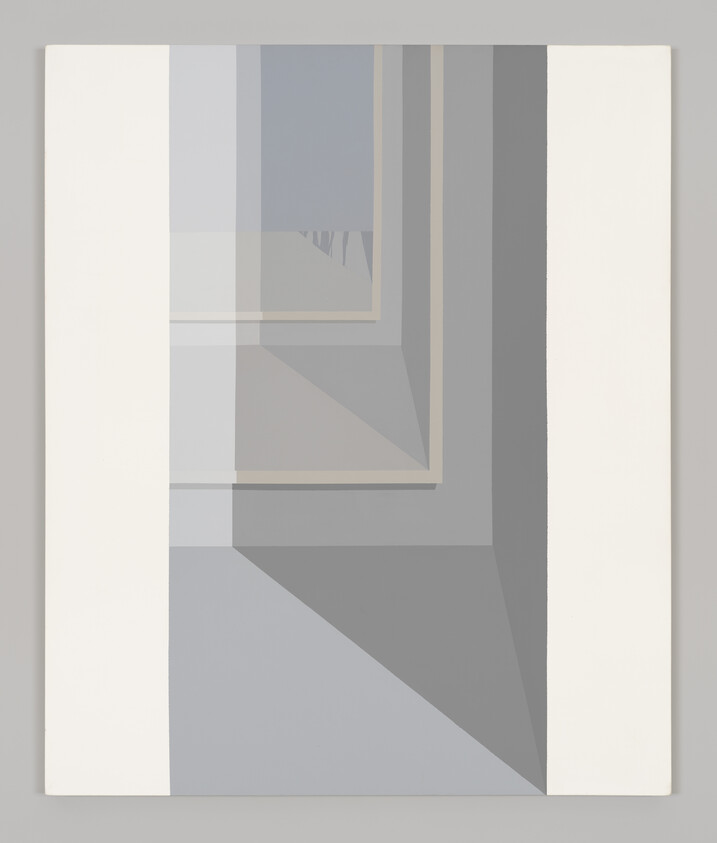 Abstract geometric painting with layered rectangles and a diagonal shadow in muted gray and cream tones.