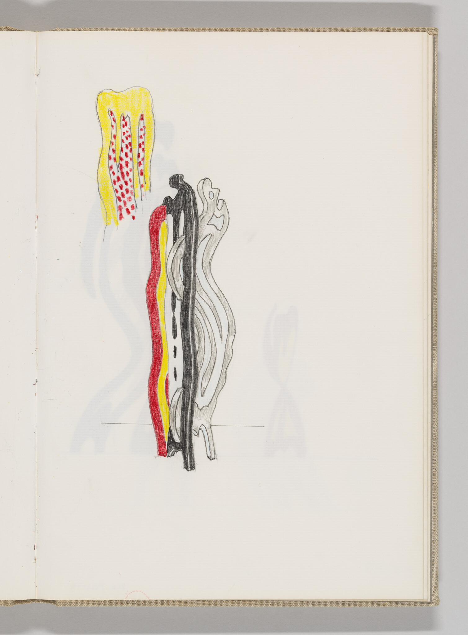 Abstract drawing with wavy lines in red, yellow, black, and gray on a white background.