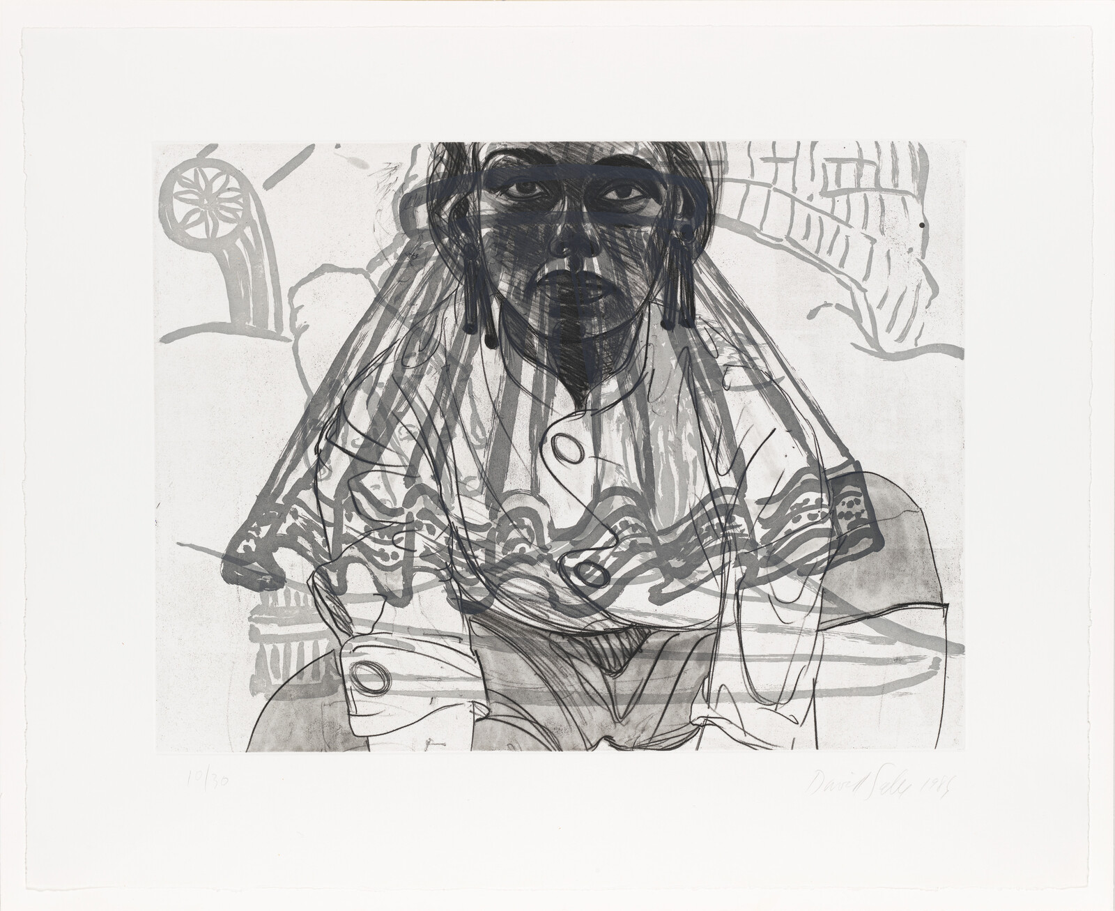 A seated woman with a patterned veil stares forward with hands resting in her lap.