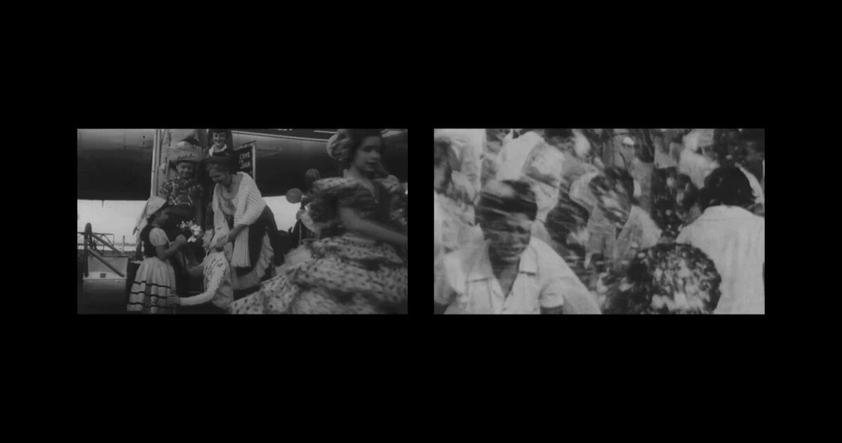 Two vintage black-and-white scenes show people in traditional dress greeting arrivals and a crowded street celebration.