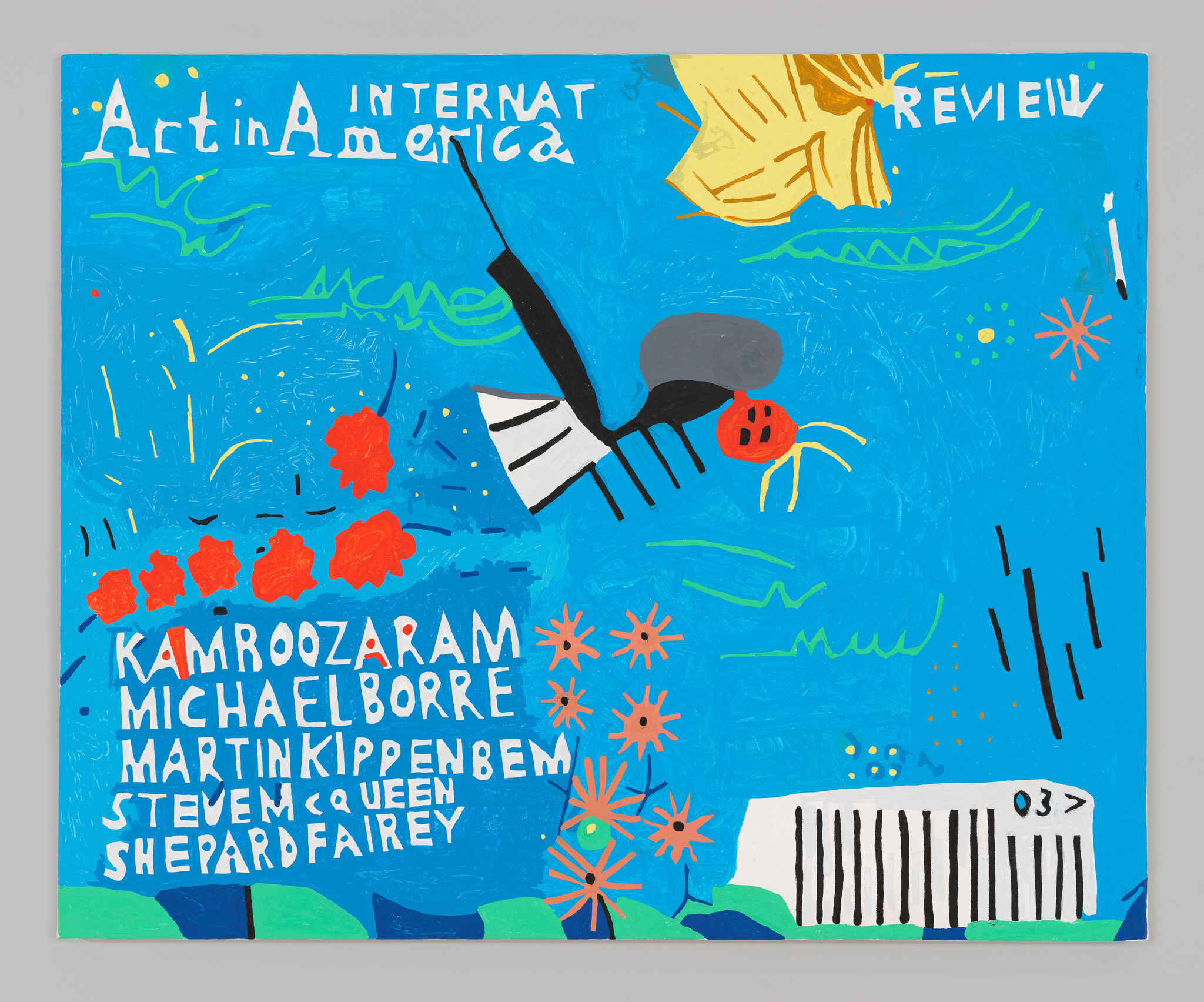 A cover of Art in America with a blue background and details abstracted into organic shapes, including gear-like orange flowers, red blobs, and curving green lines.