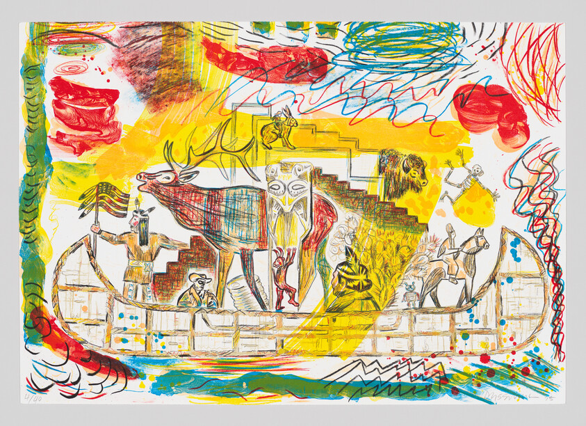 A colorful boat carries people, animals, and masks amid swirls of paint and scribbles.