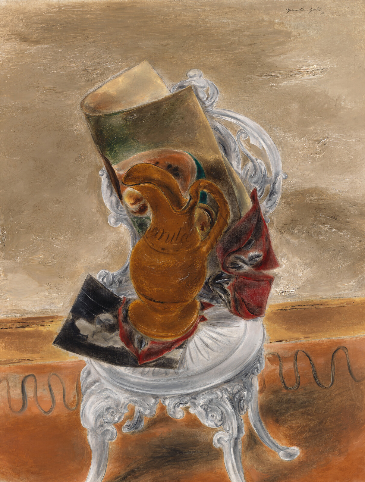 An ornate white chair holds a brown ceramic pitcher, red cloth, and a tilted mirror.