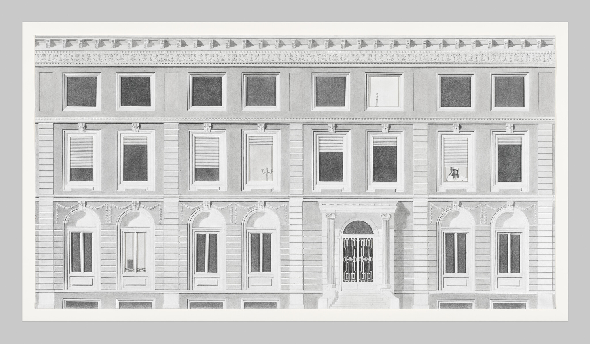 A grayscale illustration of a classical building facade with multiple windows, shutters, and an ornate entrance door. The symmetry of the windows is broken by one window on the right where a dog is looking out.