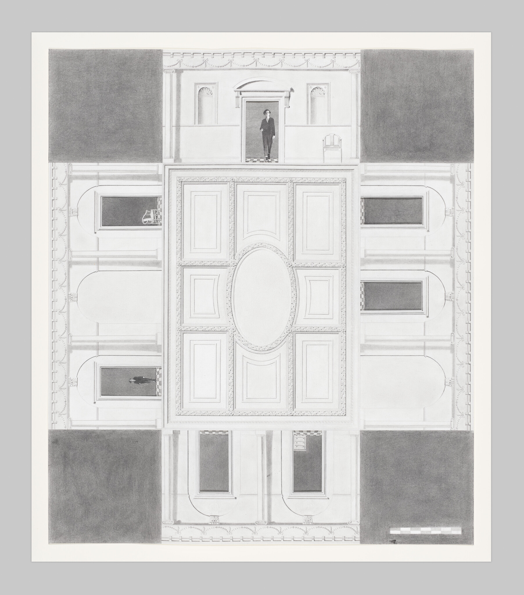 A grayscale architectural drawing of a building facade with a symmetrical design, featuring a central balcony with a lone figure standing on it. The surrounding areas include detailed windows, doors, and decorative moldings, with shaded areas representing the street or ground level.