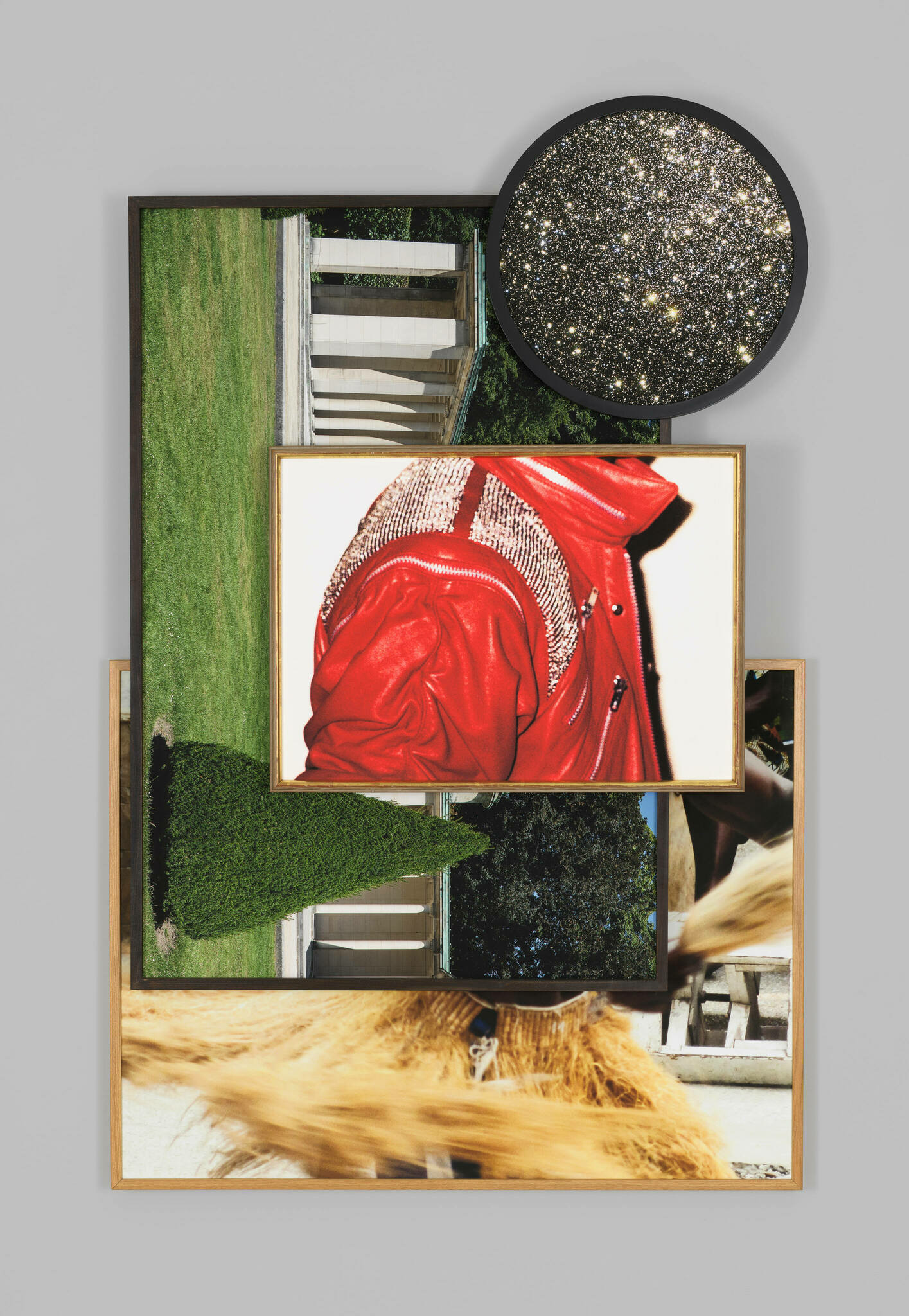 Layered framed photographs of a starry sky, a garden colonnade, an embellished red jacket, and a whirling grass skirt