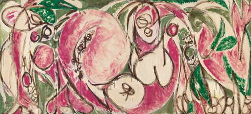 Abstract painting with large pink and white circular shapes and bold green brushstrokes.