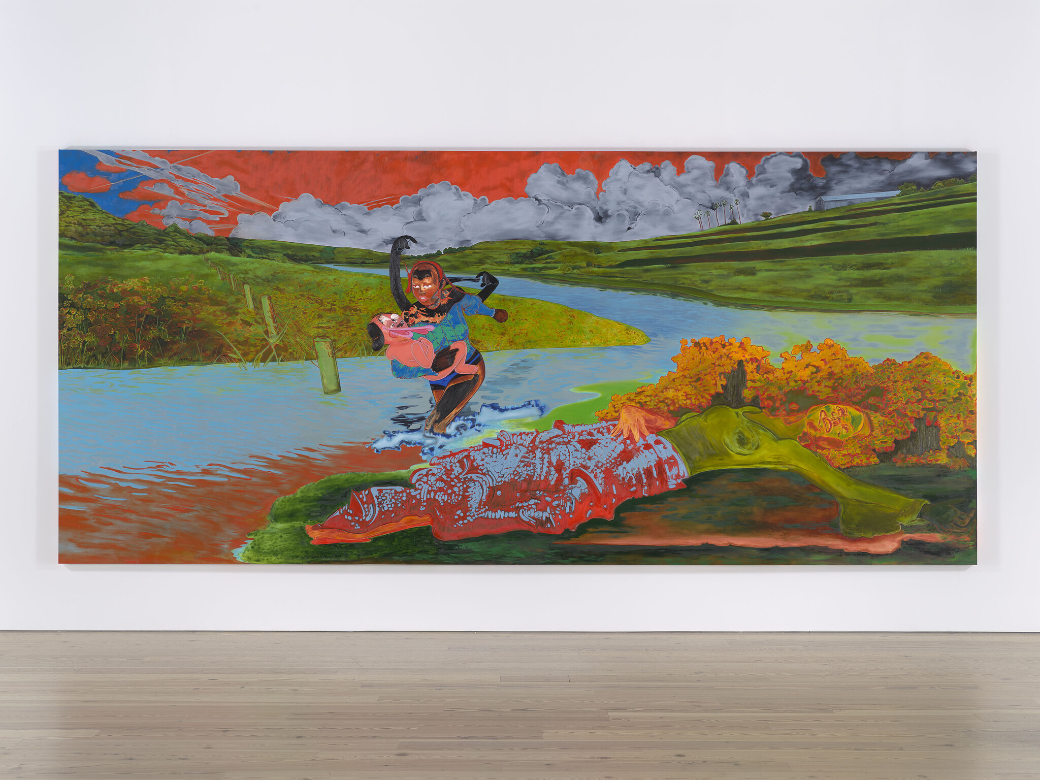 A cartoonish figure runs heroicallly through a river flowing through a saturated, neon landscape