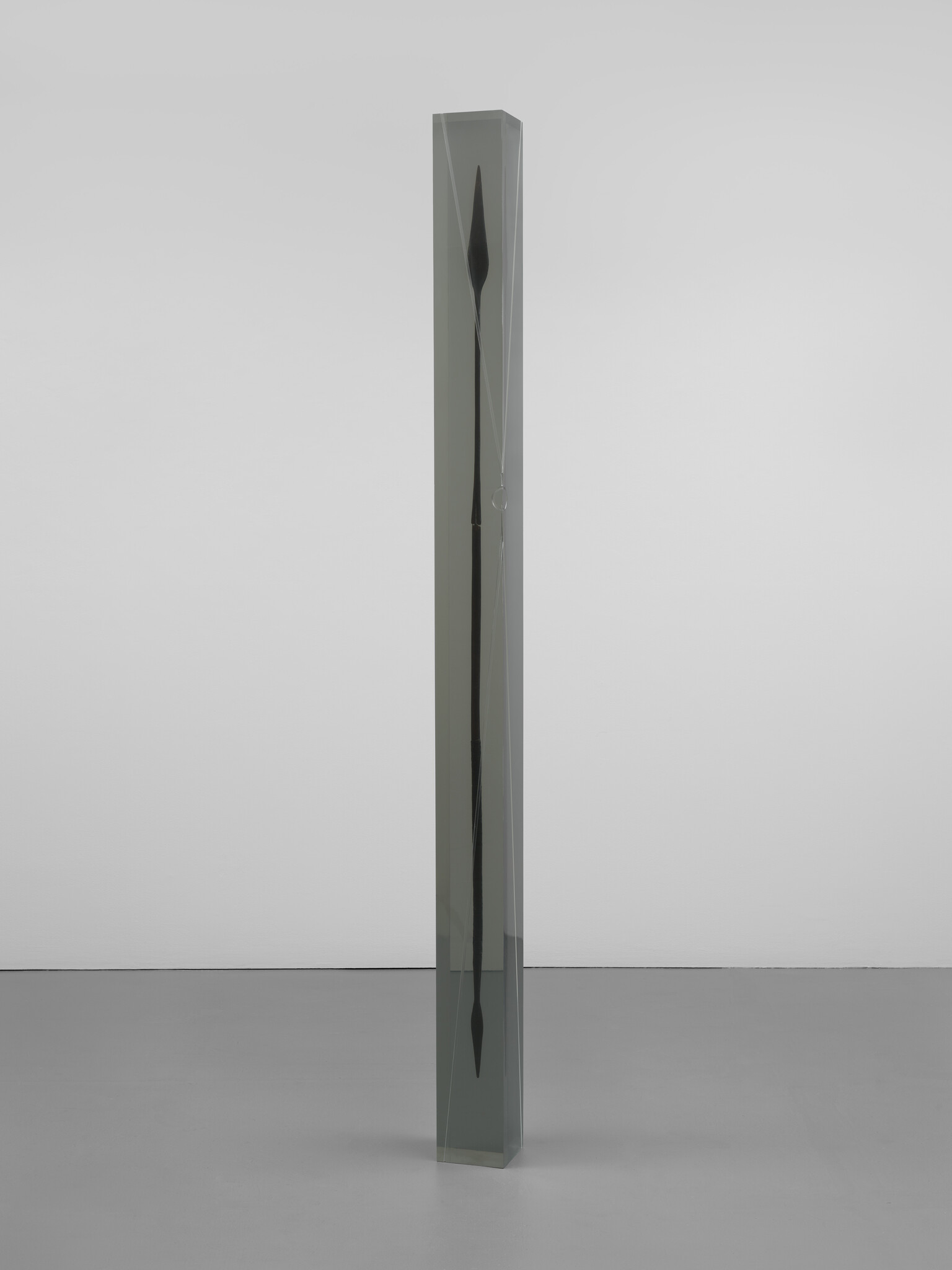 Tall clear rectangular column stands on the floor containing a thin black spear-shaped object suspended inside.