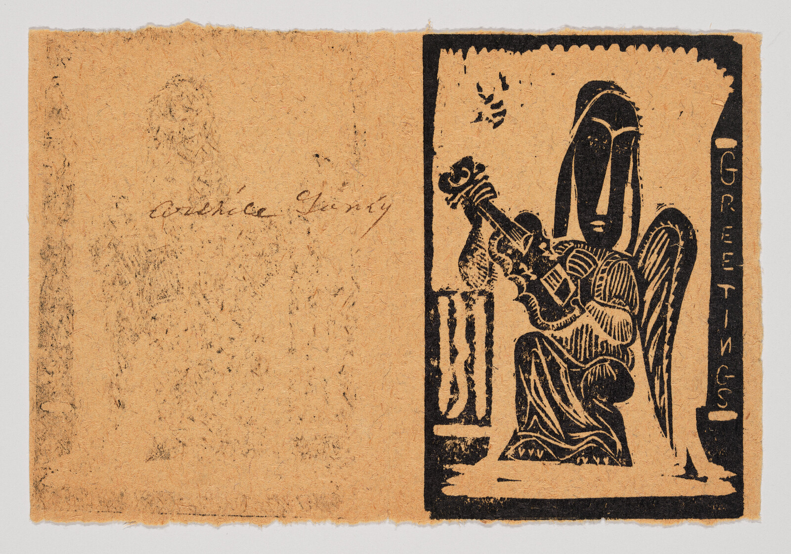 A stylized angel playing a stringed instrument printed on textured brown paper.