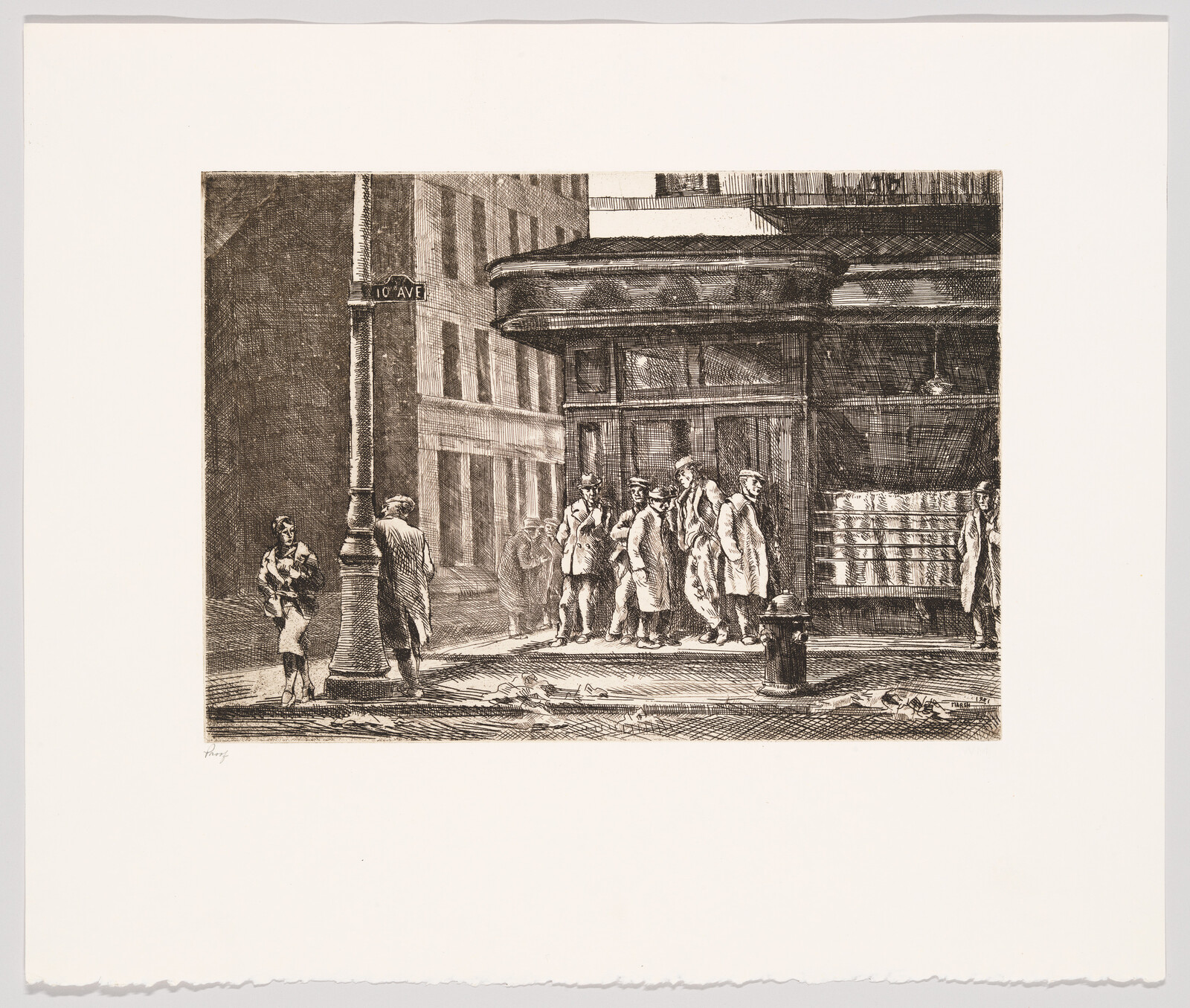 A group of men stand and talk under a storefront awning at a city street corner marked 10th Avenue.