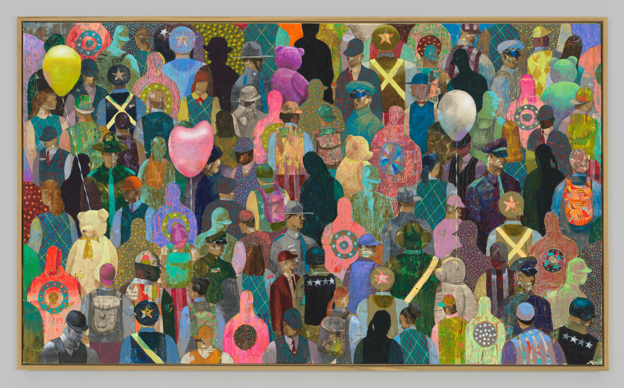 A crowd of patterned figures and balloons, overlapping seemingly extending outside of the frame