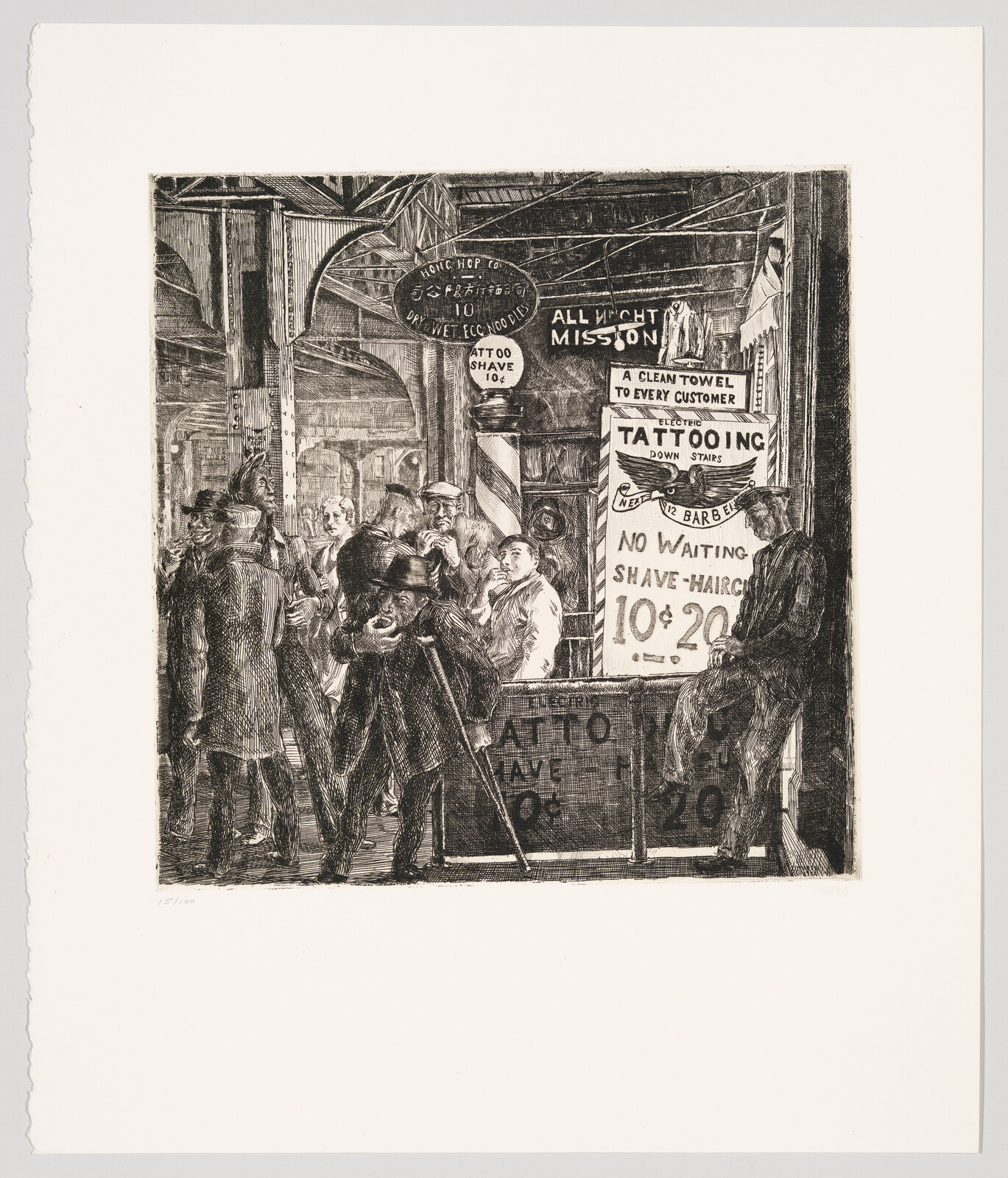 A crowded street barbershop and tattoo parlor with customers lined up and a large price sign.