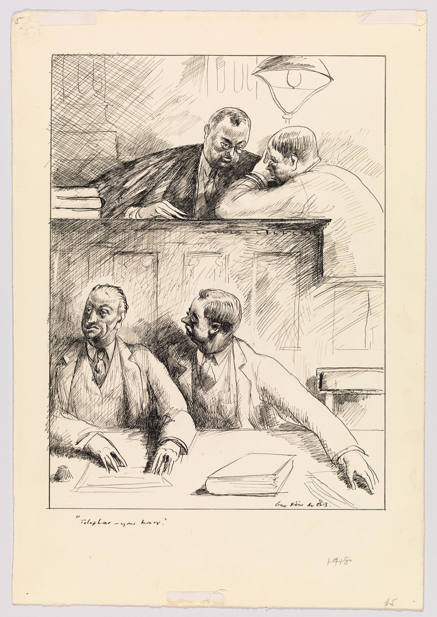 A judge leans over the bench to quietly speak with a man while lawyers watch.