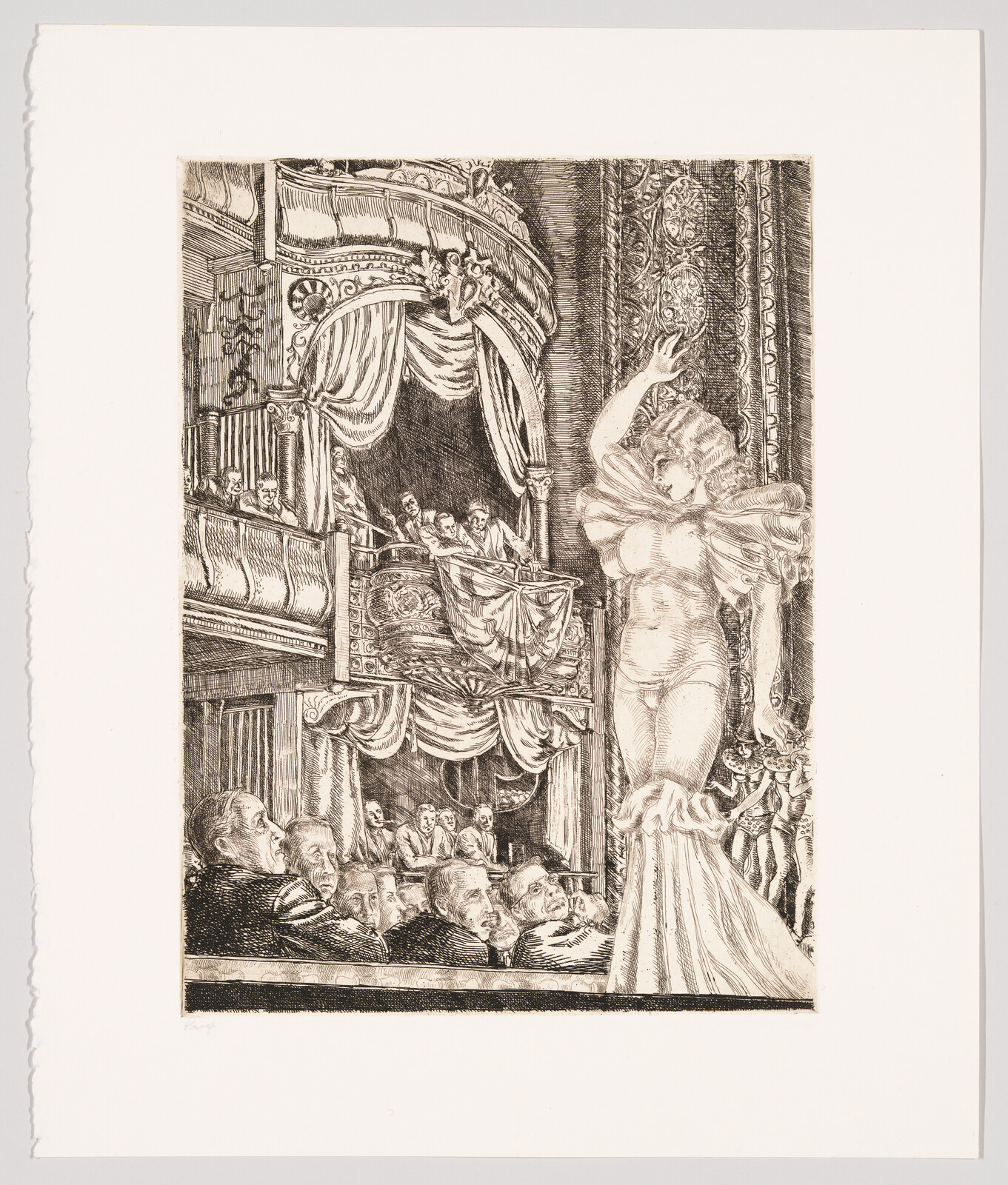 A scantily clad female performer poses on a theater stage as seated audience and box viewers watch.