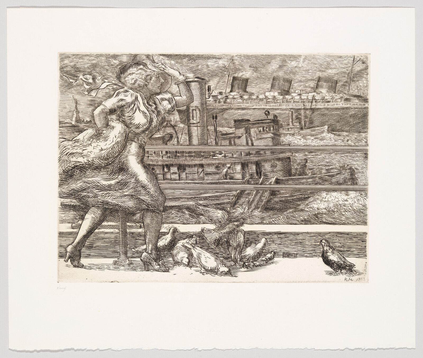 A detailed etching depicting a woman in a dress standing on a dock, feeding pigeons with a steamboat and industrial buildings in the background. The artwork is signed and dated 1911.