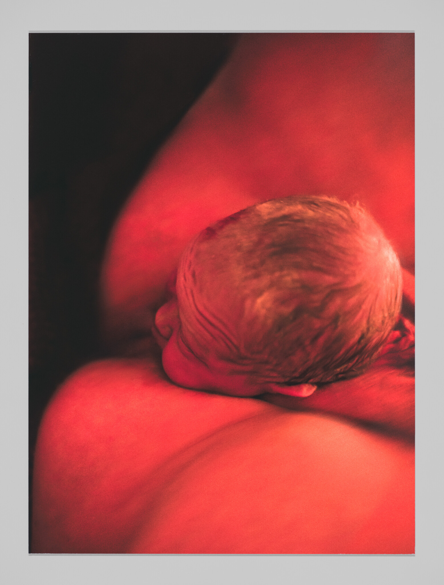 Newborn with wet hair breastfeeding on parent’s chest under warm red light.