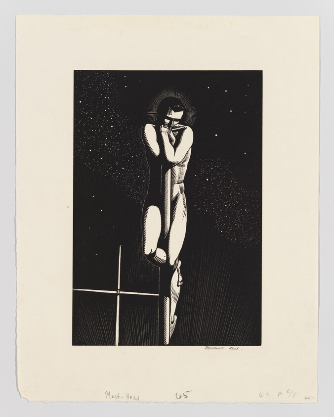 Nude figure with halo hangs on a vertical pole against a starry background.