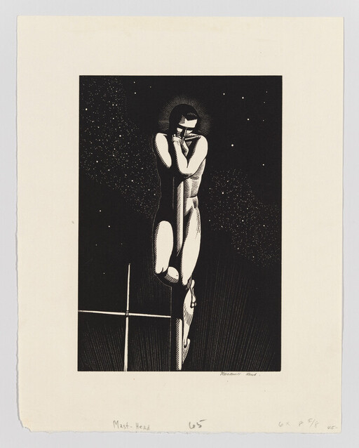 Nude figure with halo hangs on a vertical pole against a starry background.