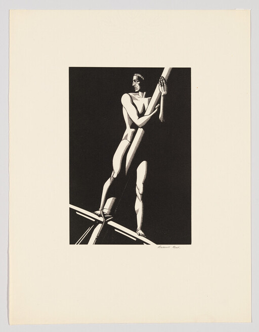 A stylized muscular man stands on a curved structure gripping a tall pole against black.