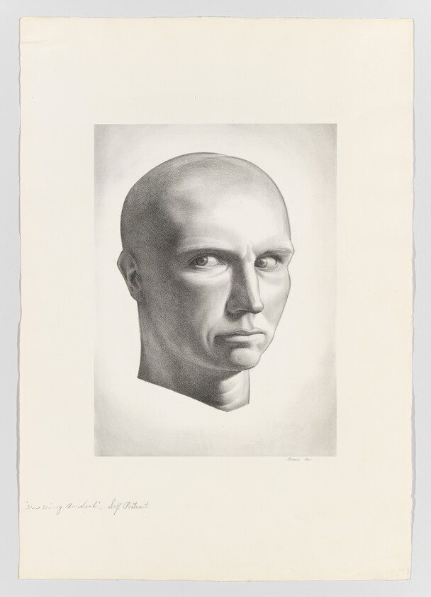 A charcoal drawing of a bald man's head with an intense, stern gaze.