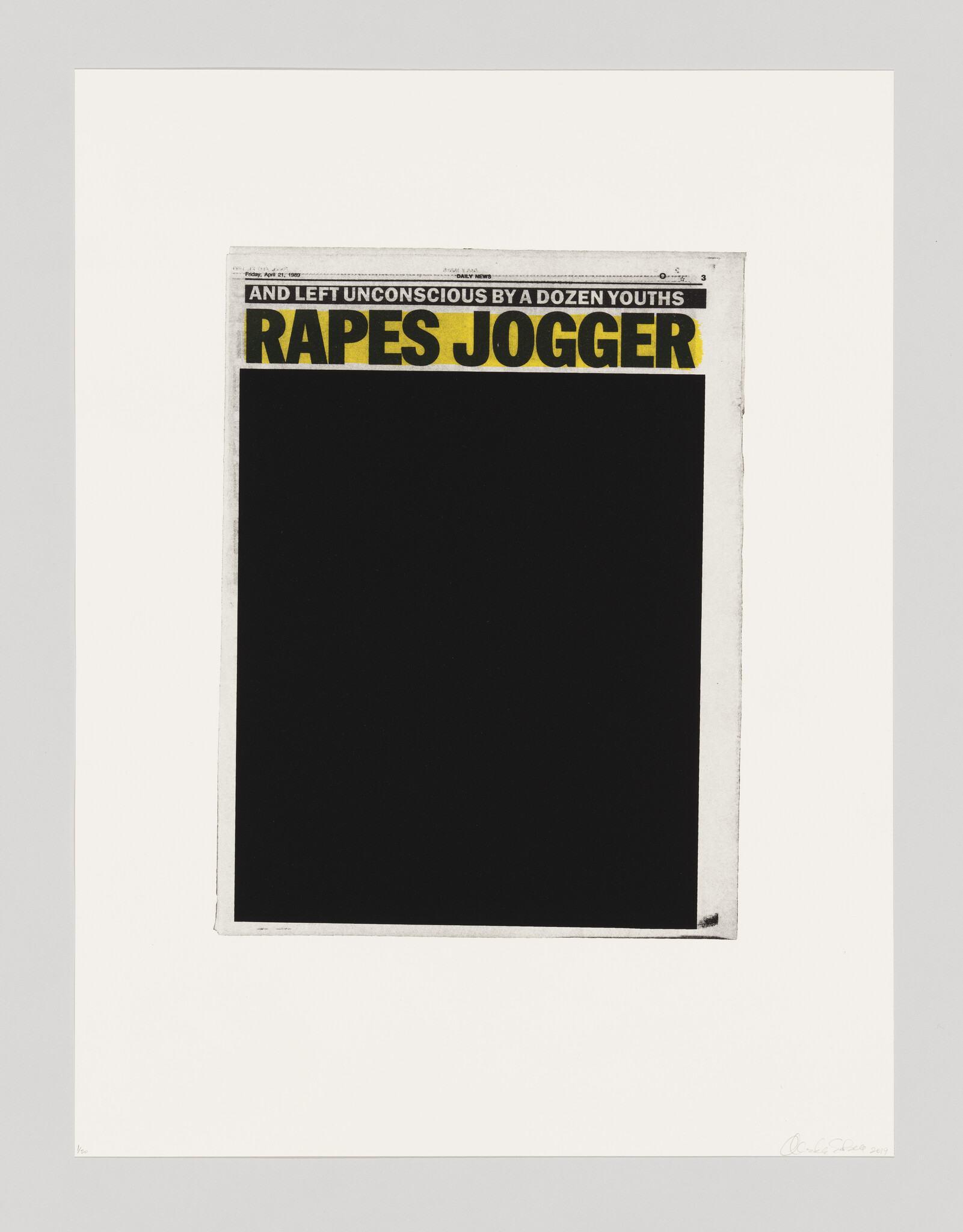 On a newspaper page with a map of Central Park in one corner, the headlines "Rapes Jogger" and "she put up a terrific fight" frame a grainy photograph of a forest