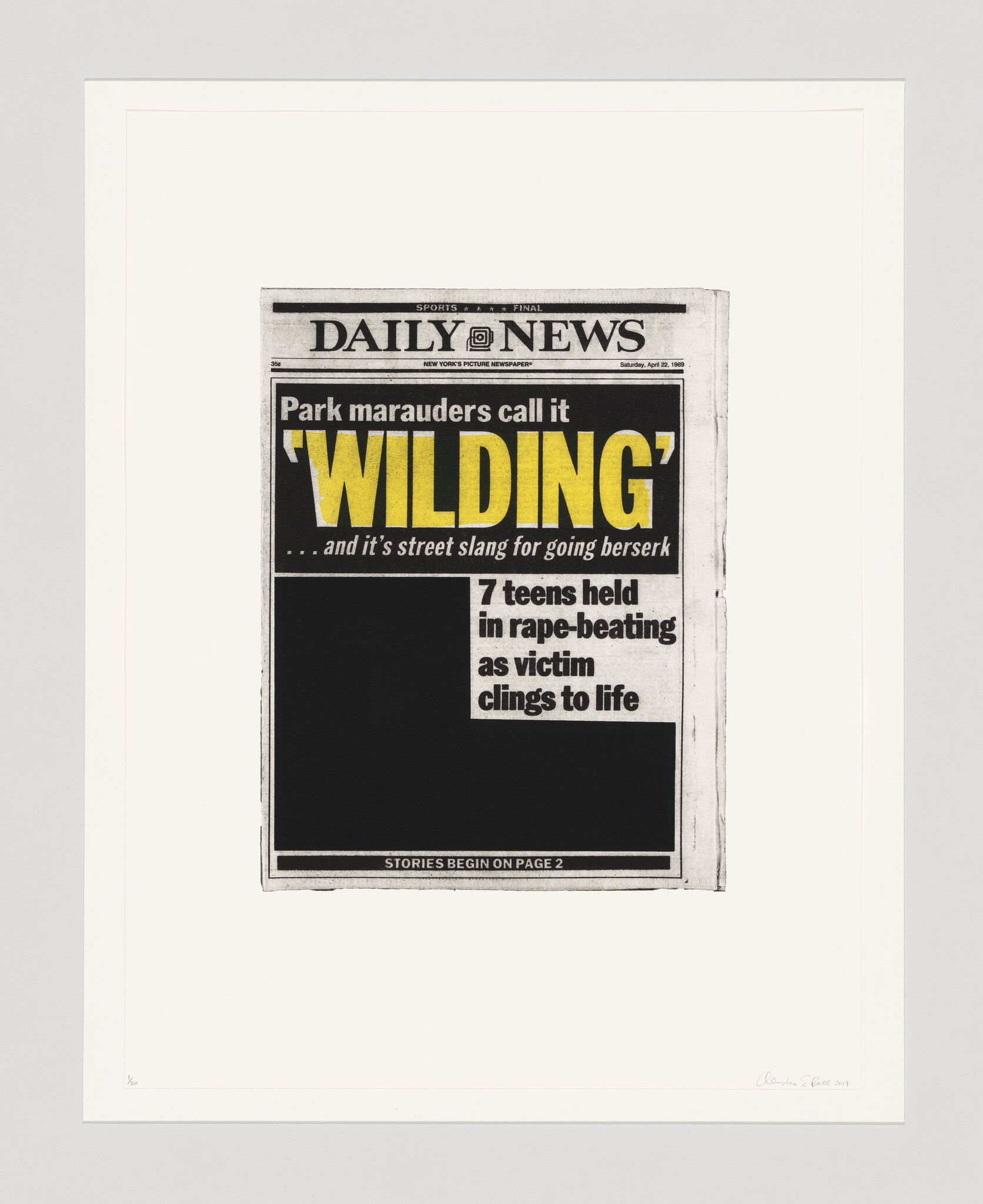 Newspaper front page headline reading 'WILDING' about park marauders and seven teens held in rape-beating.