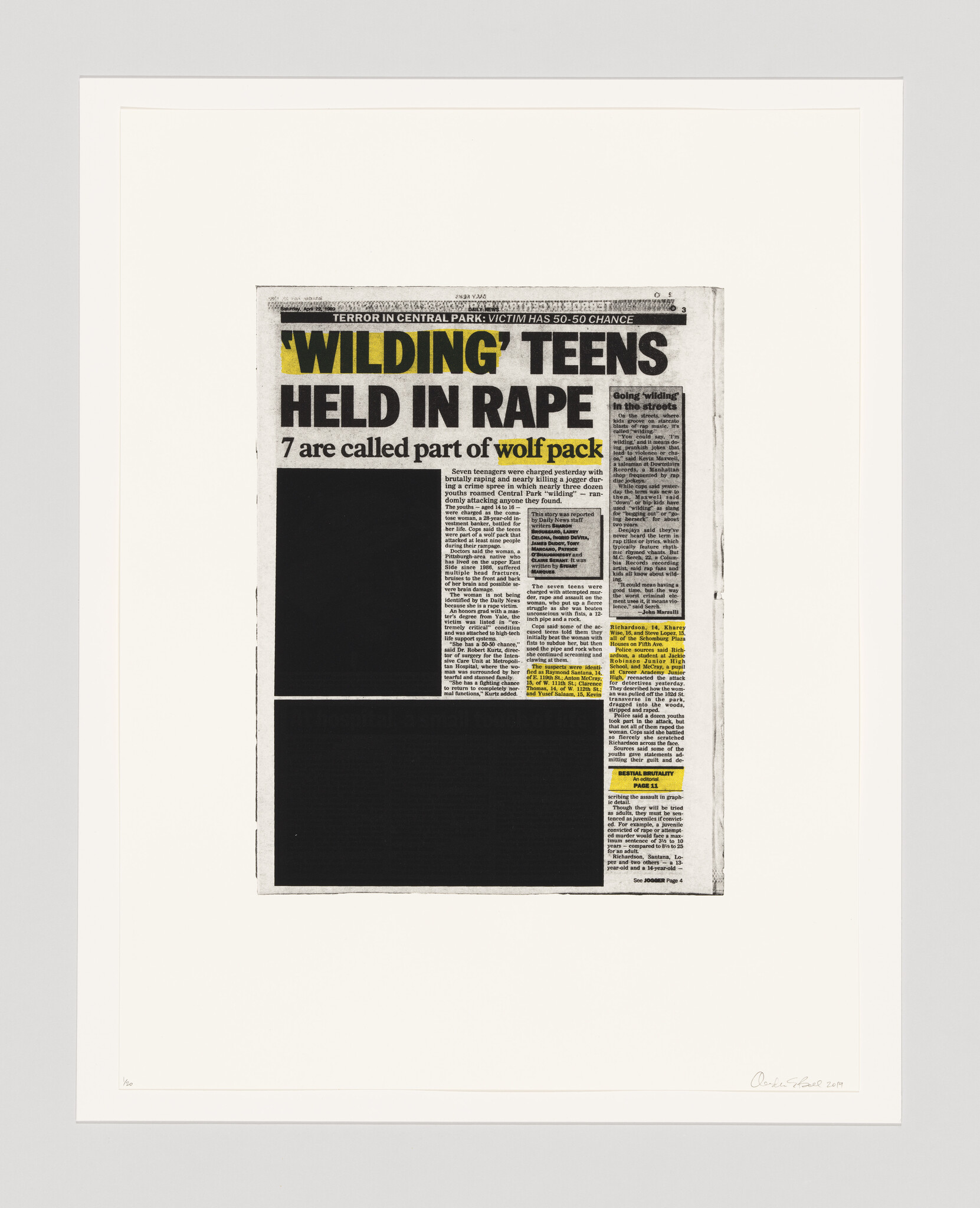 Newspaper front page with headline 'Wilding' teens held in rape, seven called part of wolf pack.