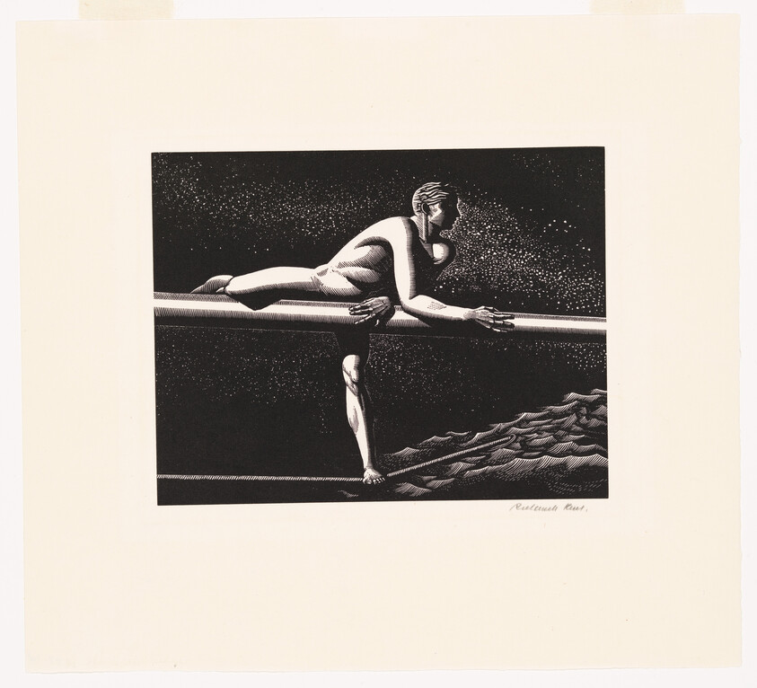 A person balances stretched across a horizontal bar above rippling water under a starry sky.