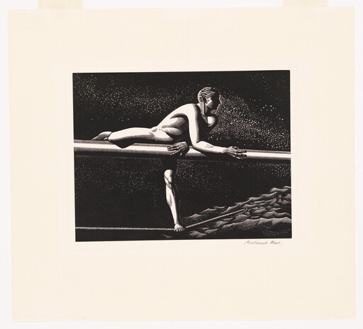 A person balances stretched across a horizontal bar above rippling water under a starry sky.